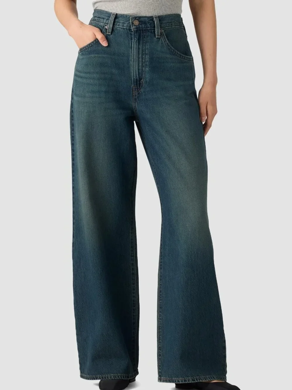 Levi's Women's Denim Blue Dark Wash High-Rise Wide-Leg Cinch Baggy Jeans Size 25